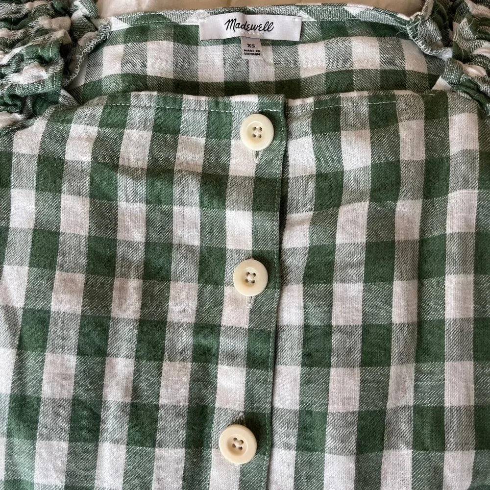 Madewell Green and White Gingham Puff-Sleeve Button-Front Top